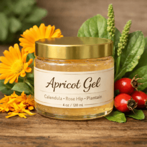 Natural apricot gel with calendula, rose hip, and plantain for skin healing and revitalization.
