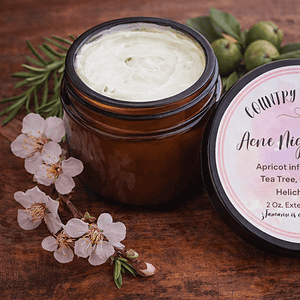 Natural acne night balm with apricot, lavender, helichrysum EO.
