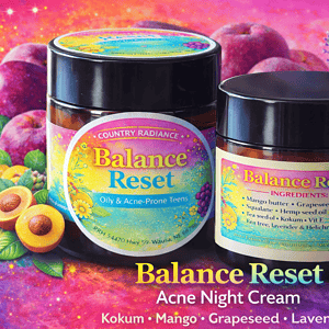 Balance Reset acne night cream jars with mango, grape, and lavender ingredients.