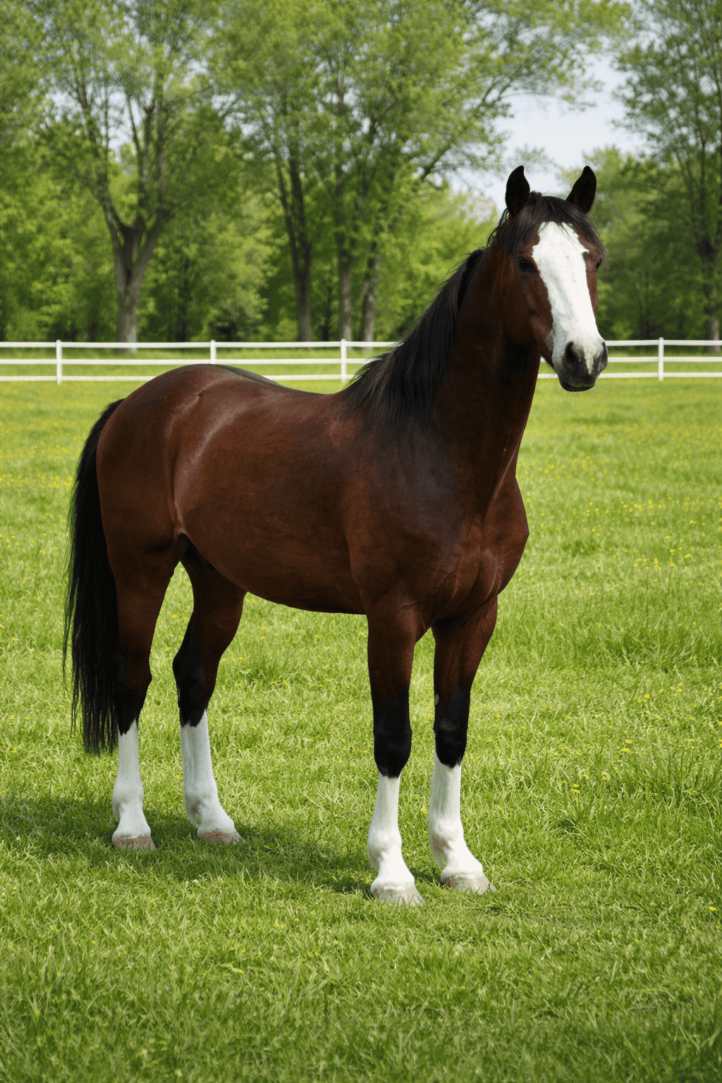 Miniature Shetland Pony in lush green pasture with trees in the background.
