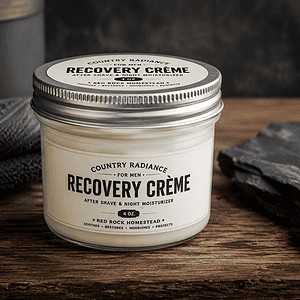 Recovery Crème jar for men on wooden surface with slate and towel.