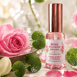 Rose Hyaluronic Infusion serum bottle with pink roses and green leaves.