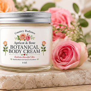Apricot and rose botanical body cream in a glass jar with flowers.
